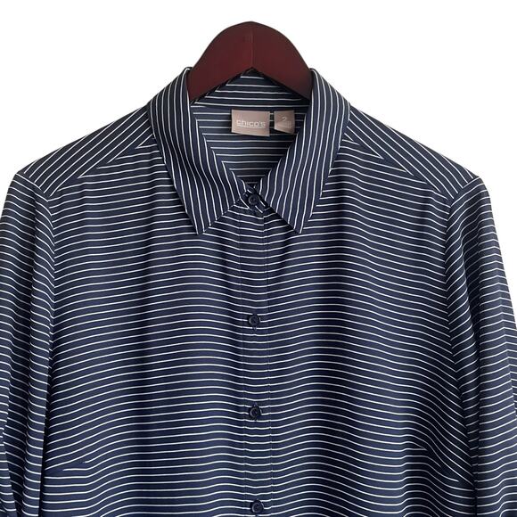 Chicos Women Top L Navy Striped Button Up‎ Casual Workwear Preppy Modern Chic - Picture 7 of 11